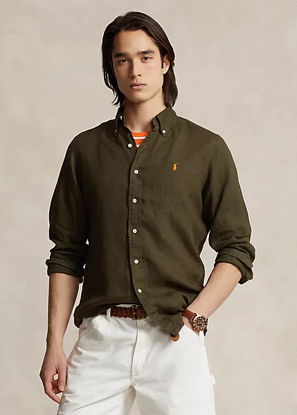 GREEN LINEN SHIRT WITH LOGO EMBROIDERY